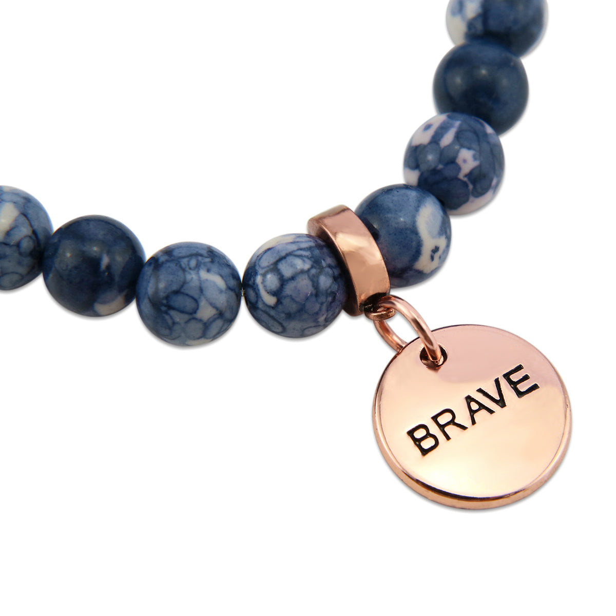Stone Bracelet - Indigo Nights Patch Agate Stone 8mm Beads - With Rose Gold Word charm
