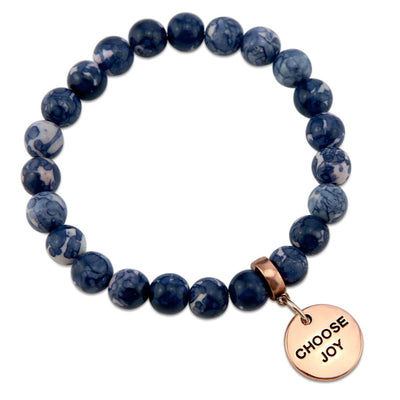 Stone Bracelet - Indigo Nights Patch Agate Stone 8mm Beads - With Rose Gold Word charm