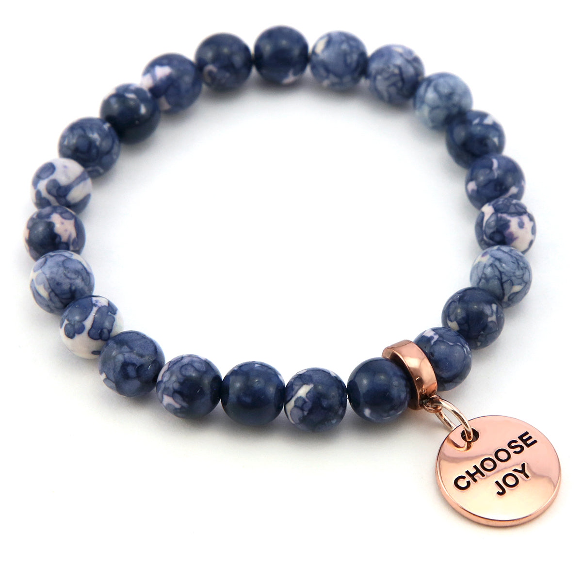 Stone Bracelet - Indigo Nights Patch Agate Stone 8mm Beads - With Rose Gold Word charm