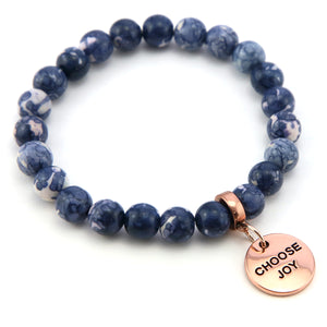 Stone Bracelet - Indigo Nights Patch Agate Stone 8mm Beads - With Rose Gold Word charm