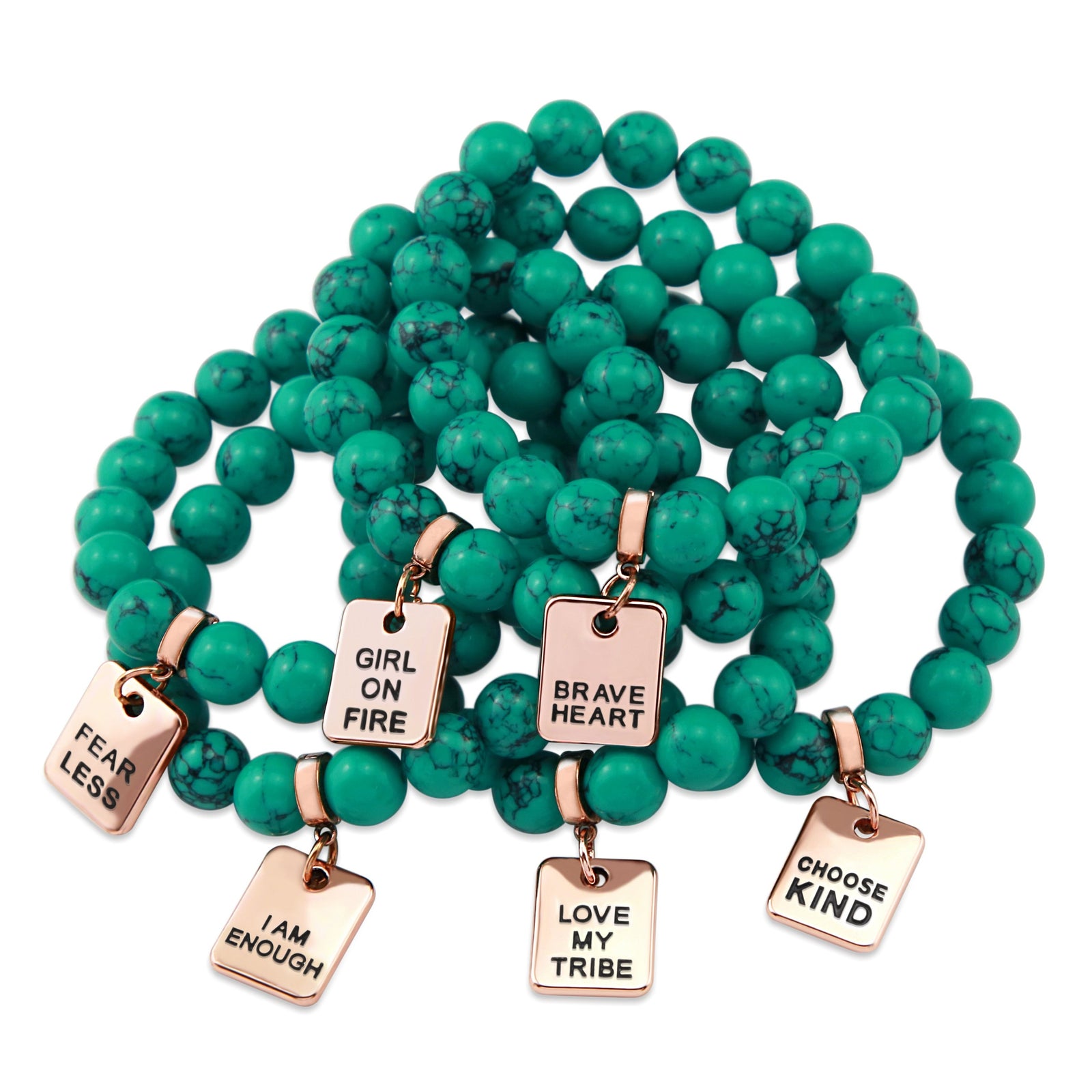 Teal coloured stone bracelet with word charm and rose goldclip. 