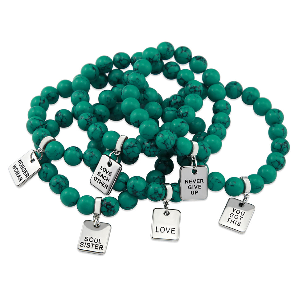 TEAL COLLECTION - Dark Teal Marble Stone 10mm Bead Bracelet  - Silver Word Charms