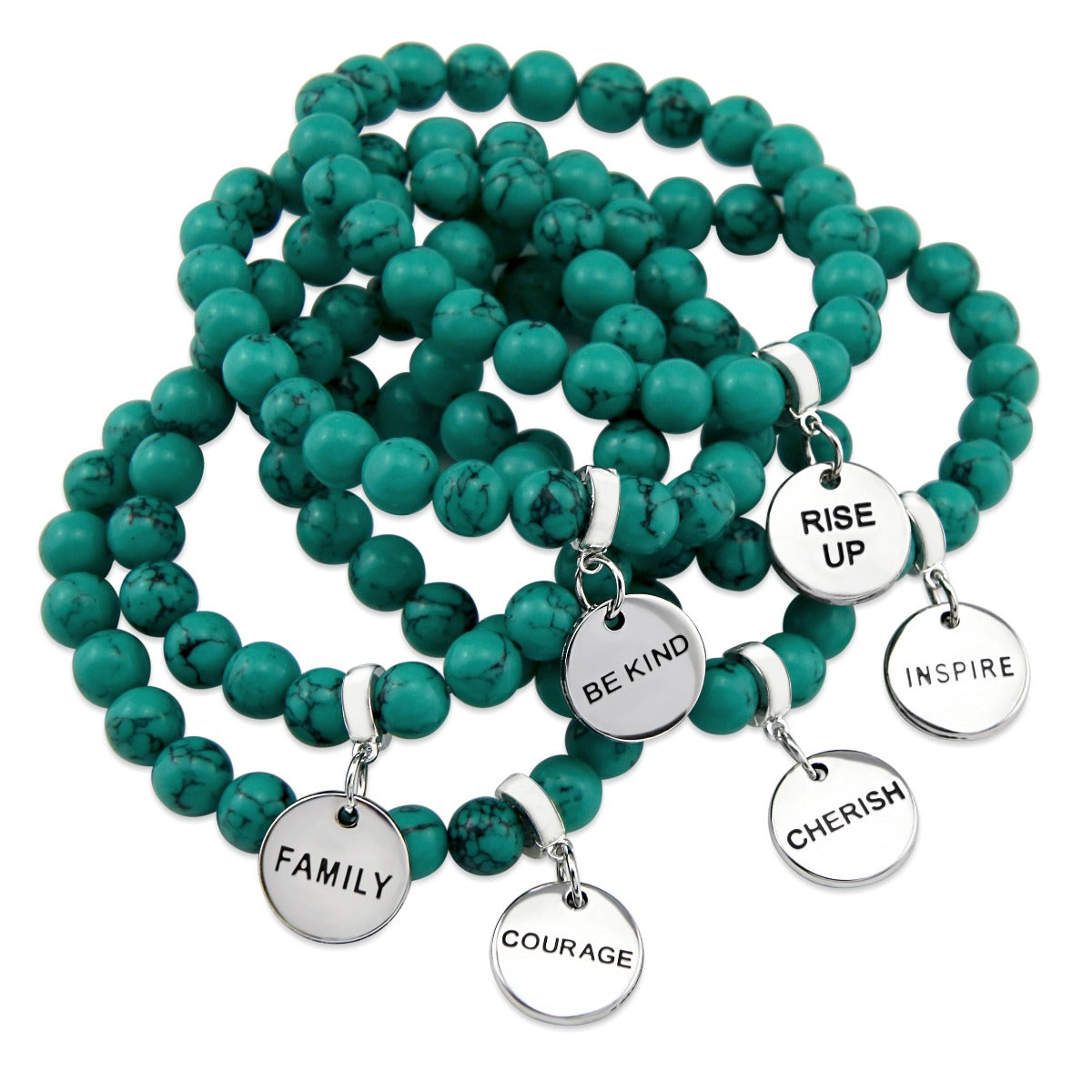 Teal coloured stone bead bracelet with silver meaningful word charm. 