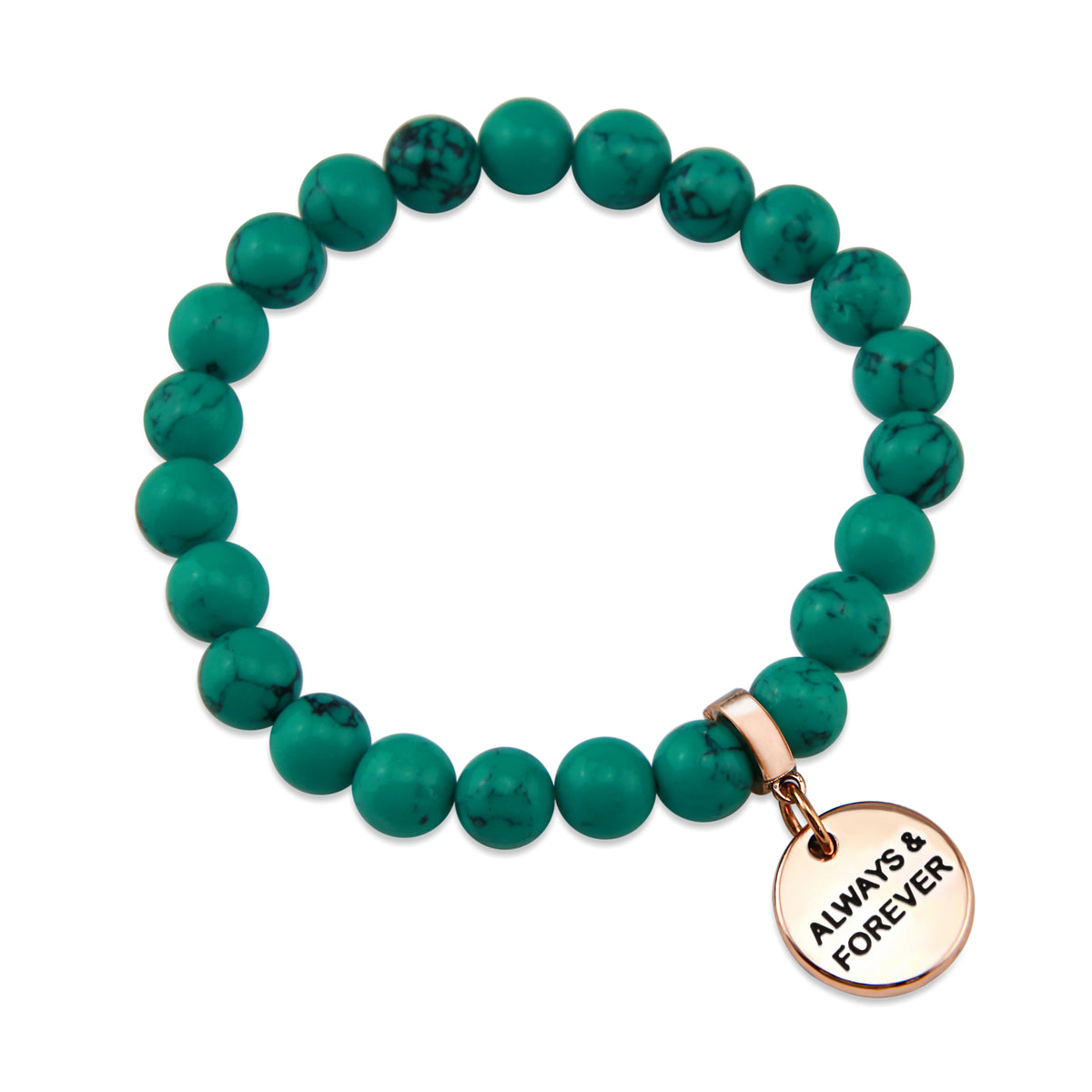 TEAL COLLECTION - Dark Teal Marble Stone 8mm Bead Bracelet  - Rose Gold Word Charm