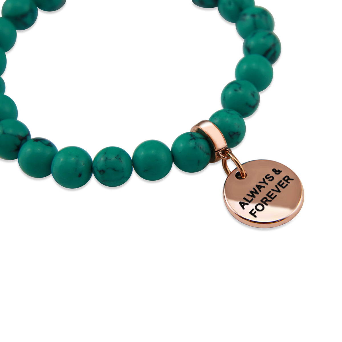 TEAL COLLECTION - Dark Teal Marble Stone 8mm Bead Bracelet  - Rose Gold Word Charm