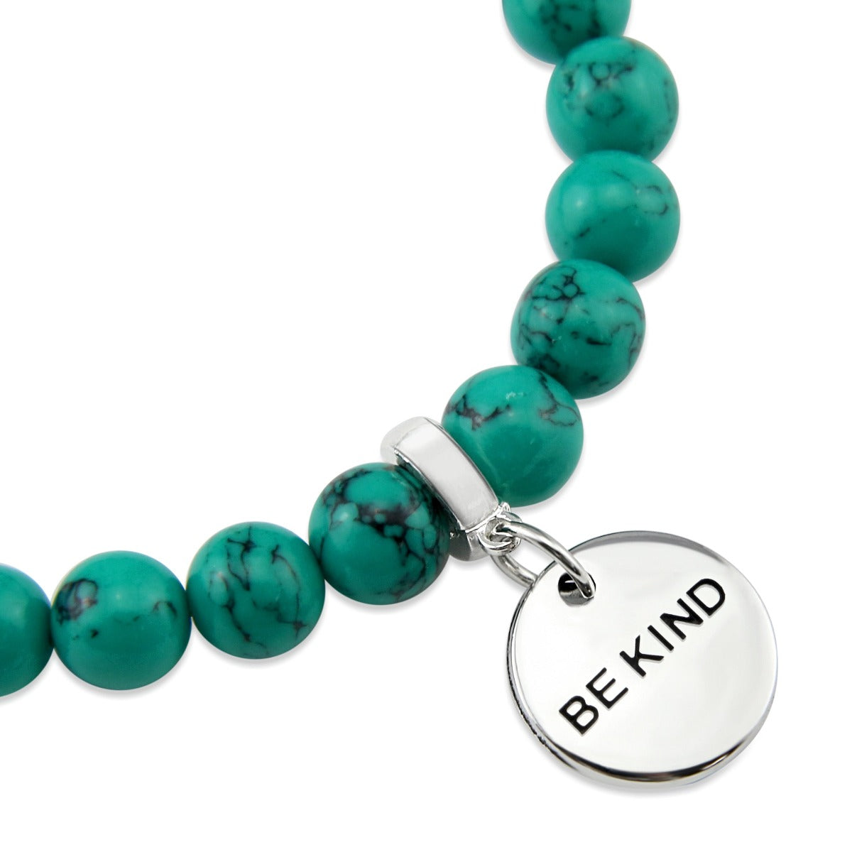 Teal coloured stone bead bracelet with silver meaningful word charm. 