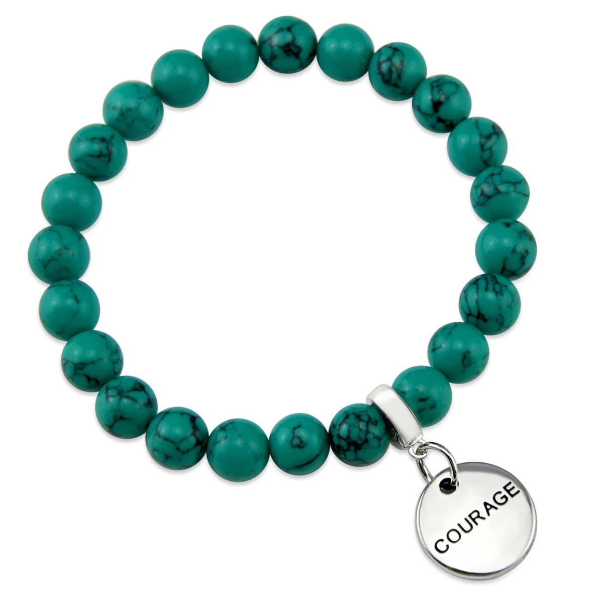 Teal coloured stone bead bracelet with silver meaningful word charm. 