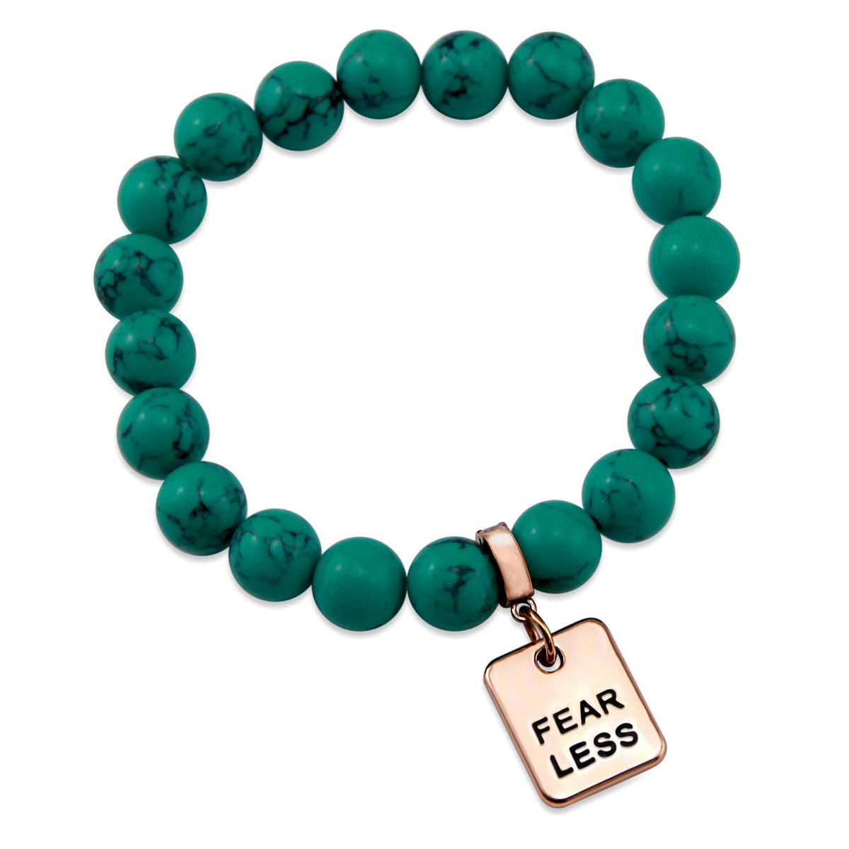 Teal coloured stone bracelet with word charm and rose goldclip. 