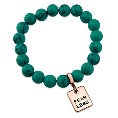 Teal coloured stone bracelet with word charm and rose goldclip.