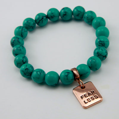 TEAL COLLECTION - Dark Teal Marble Stone 10mm Bead Bracelet  - Rose Gold Word Charms