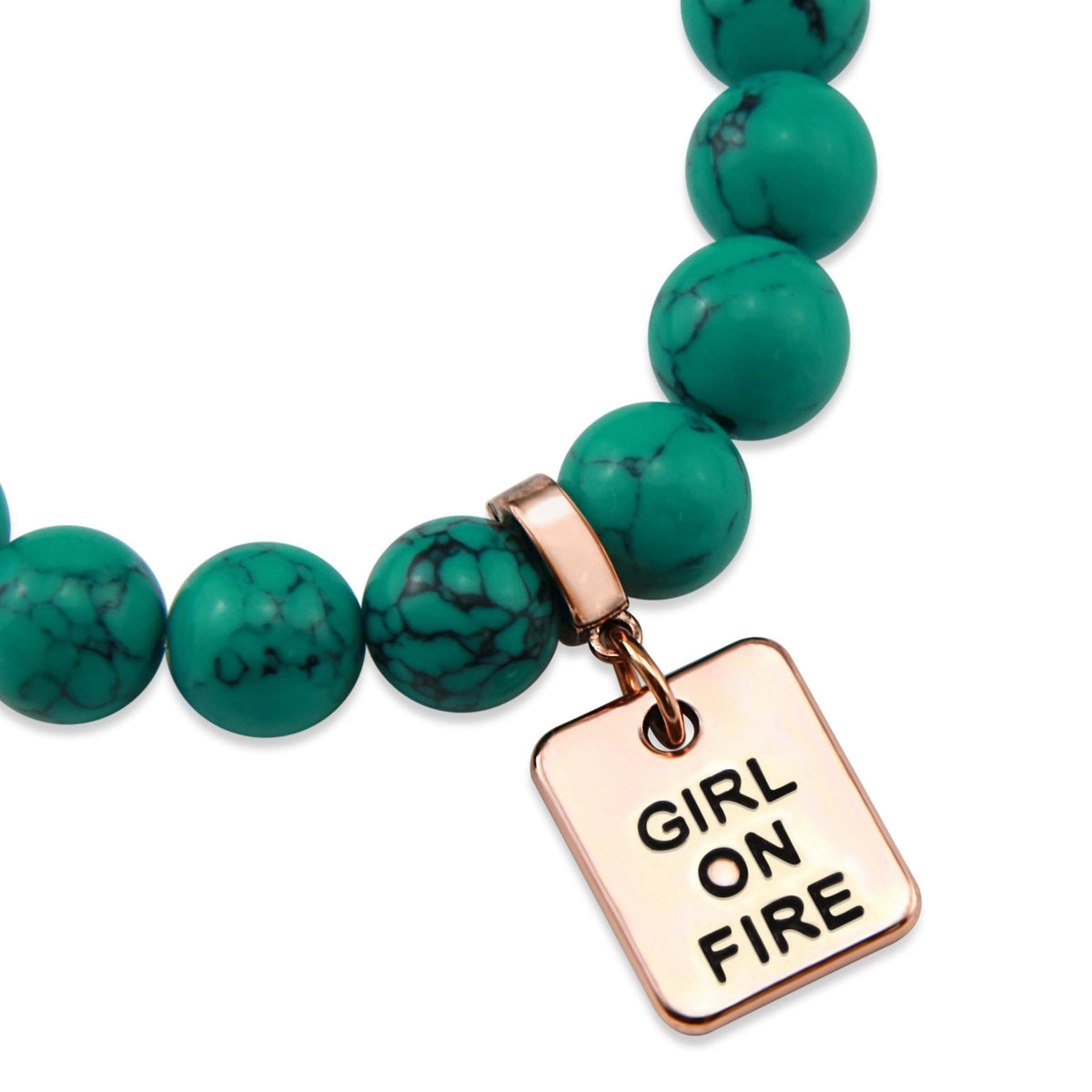 Teal stone bead bracelet with rose gold charm.