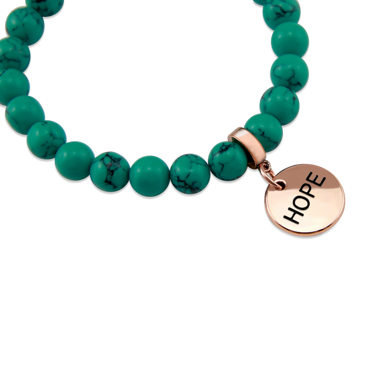 TEAL COLLECTION - Dark Teal Marble Stone 8mm Bead Bracelet  - Rose Gold Word Charm