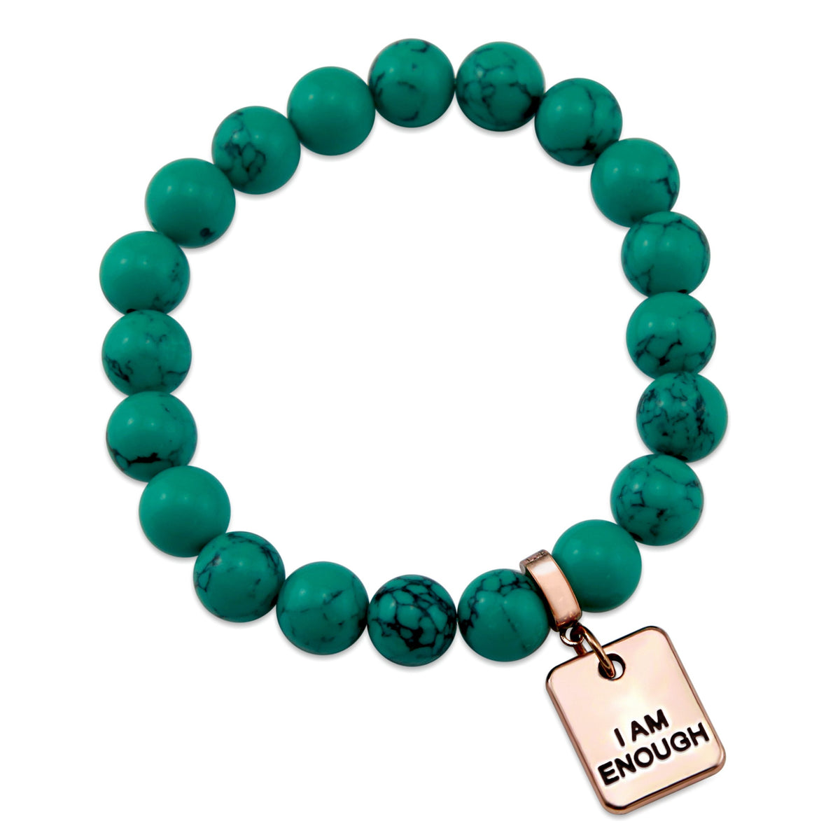 Teal coloured stone bracelet with word charm and rose gold clip. 