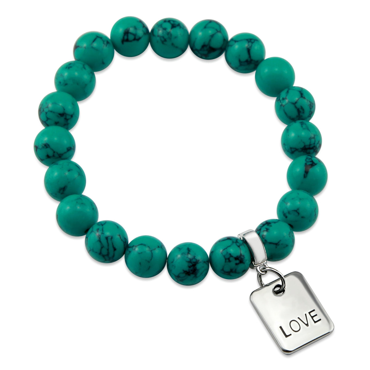TEAL COLLECTION - Dark Teal Marble Stone 10mm Bead Bracelet  - Silver Word Charms