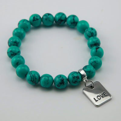 TEAL COLLECTION - Dark Teal Marble Stone 10mm Bead Bracelet  - Silver Word Charms