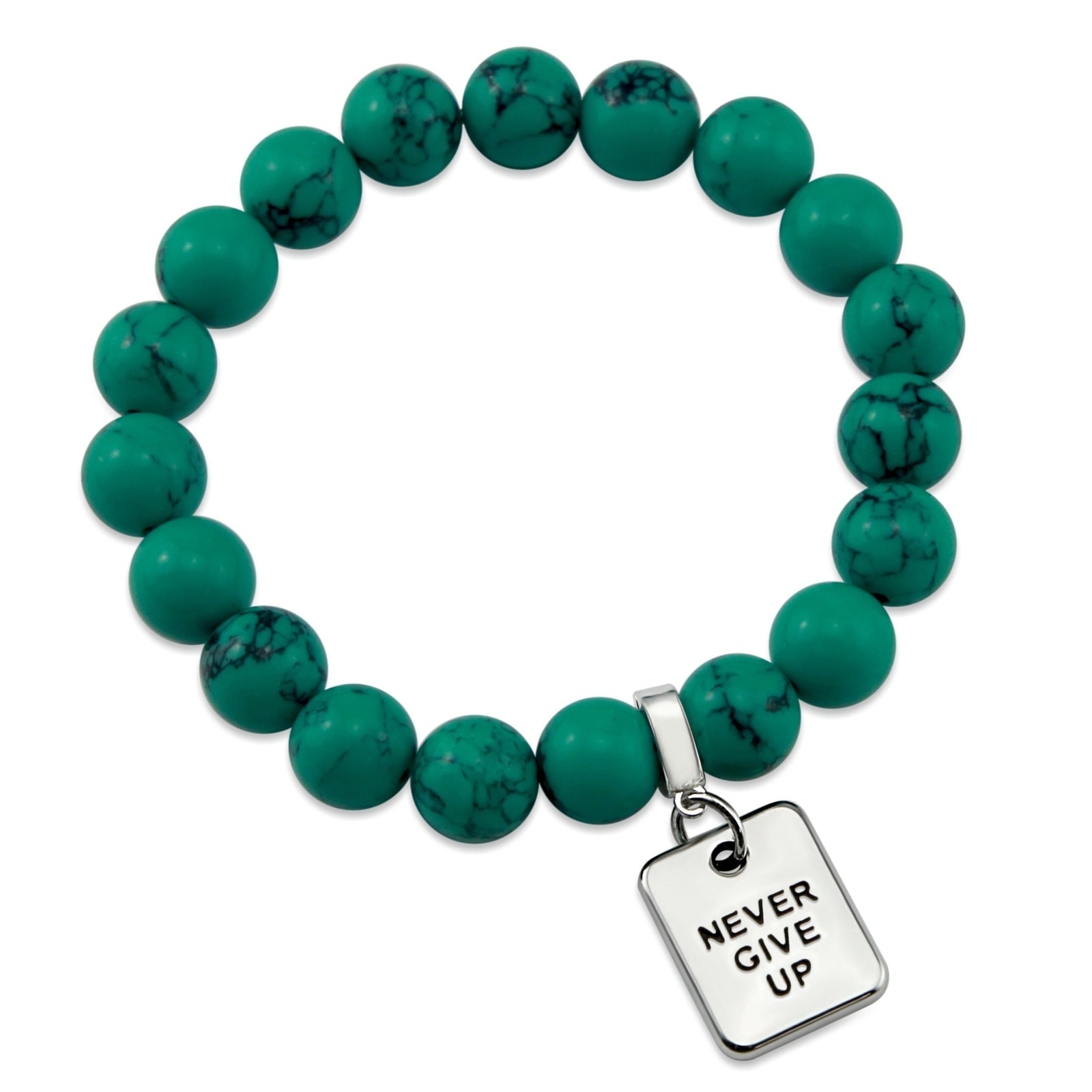 TEAL COLLECTION - Dark Teal Marble Stone 10mm Bead Bracelet  - Silver Word Charms