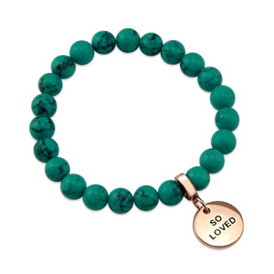 TEAL COLLECTION - Dark Teal Marble Stone 8mm Bead Bracelet  - Rose Gold Word Charm