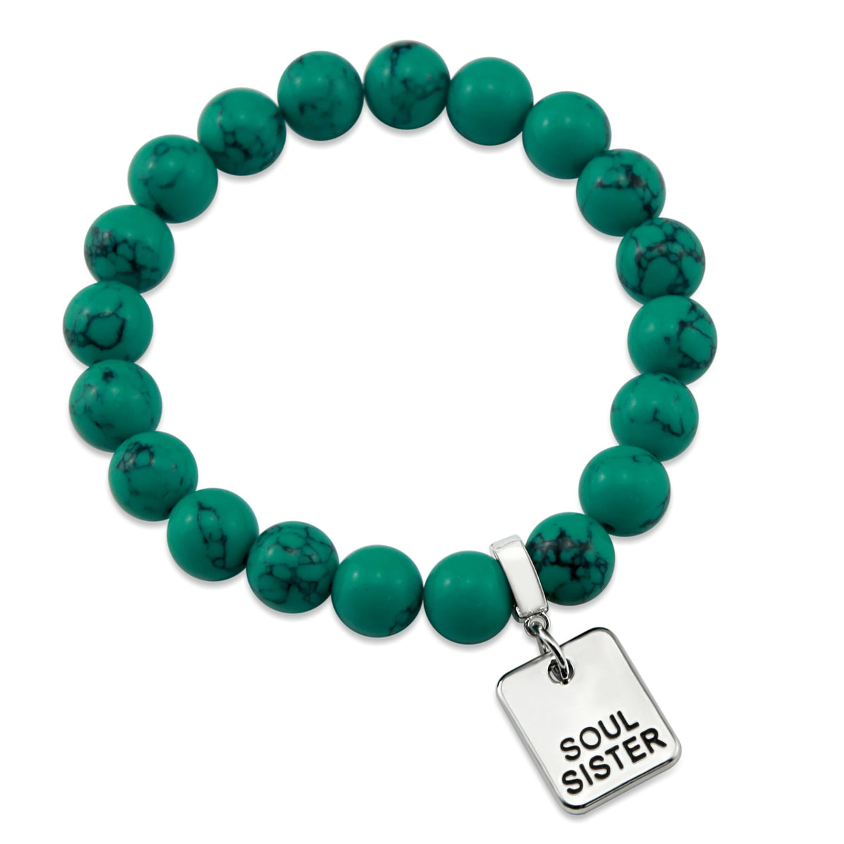 TEAL COLLECTION - Dark Teal Marble Stone 10mm Bead Bracelet  - Silver Word Charms