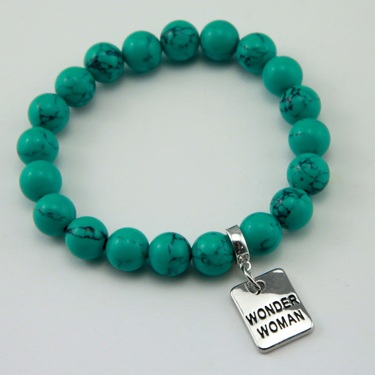 TEAL COLLECTION - Dark Teal Marble Stone 10mm Bead Bracelet  - Silver Word Charms