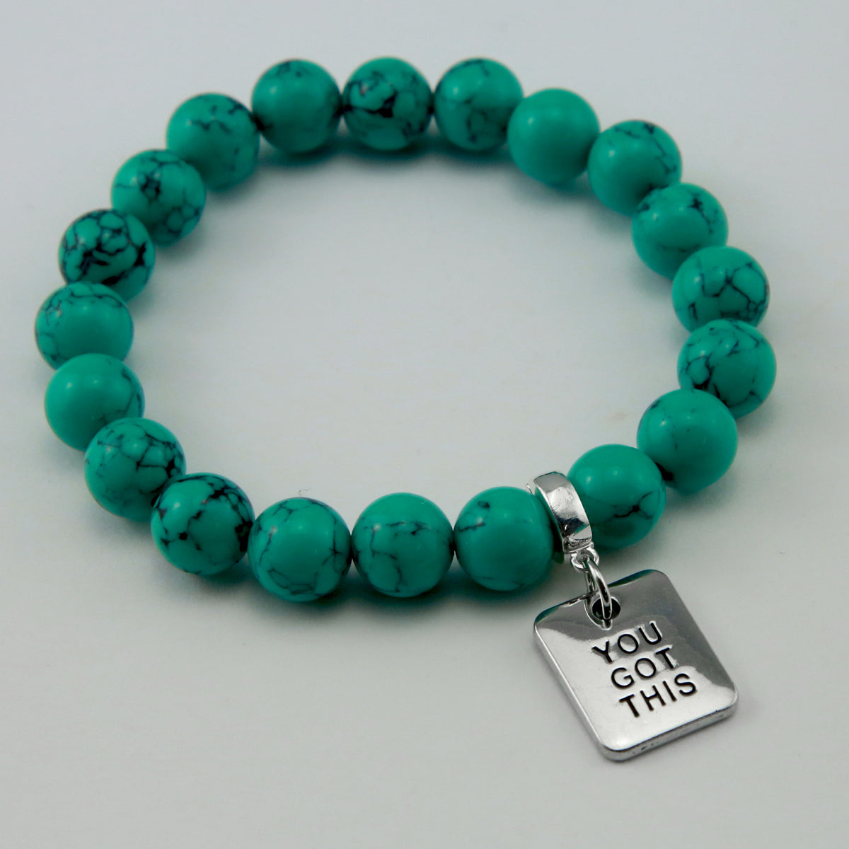 TEAL COLLECTION - Dark Teal Marble Stone 10mm Bead Bracelet  - Silver Word Charms