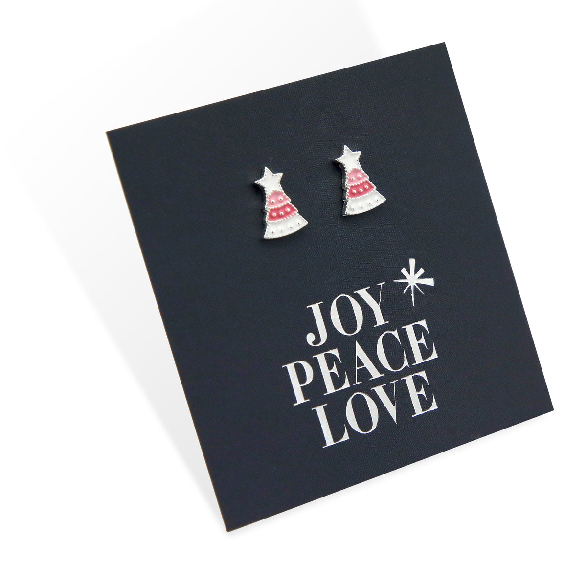 Pink Enamel Christmas Tree Studs - Joy Peace Love - Sterling Silver (9105)