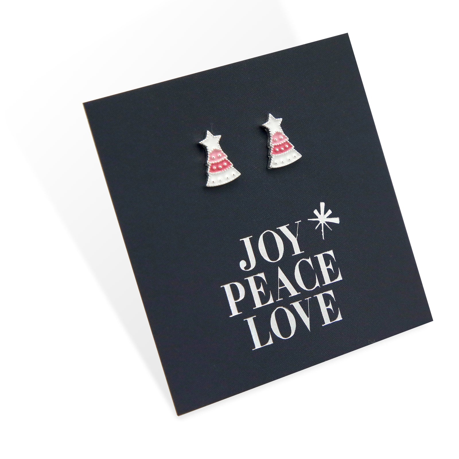 Pink Enamel Christmas Tree Studs - Joy Peace Love - Sterling Silver (9105)