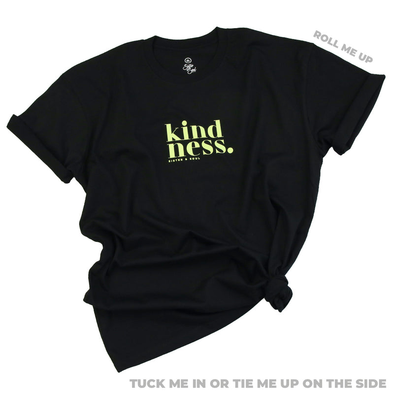 Kindness - Plus Size Long Boxy Tee - Black with Soft Lime Print