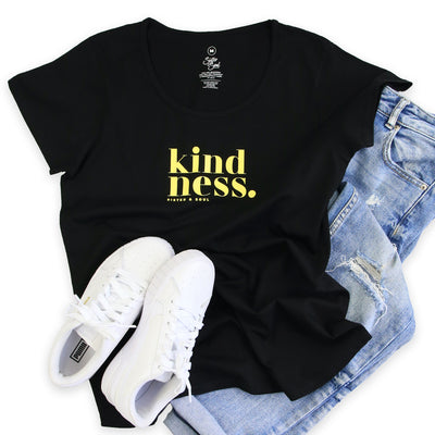 Scoope black womens tee with kindness print in pale lemon.