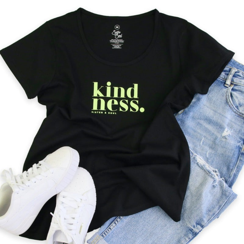 Kindness - Scoopy Tee - Black with Lime Print