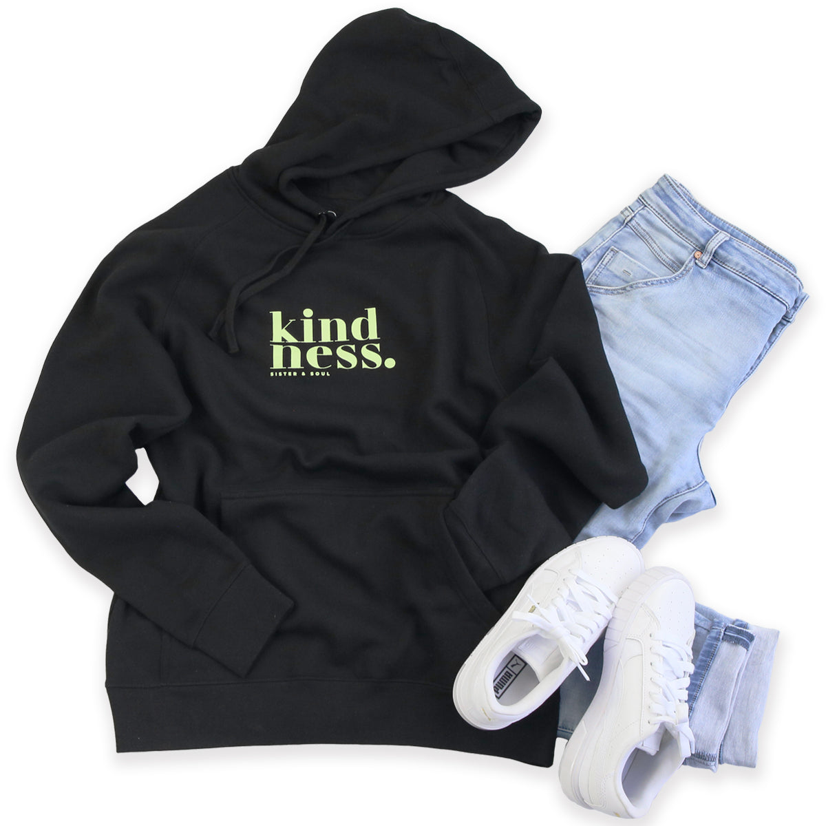 Kindness HOODIE - Black with Lime Print
