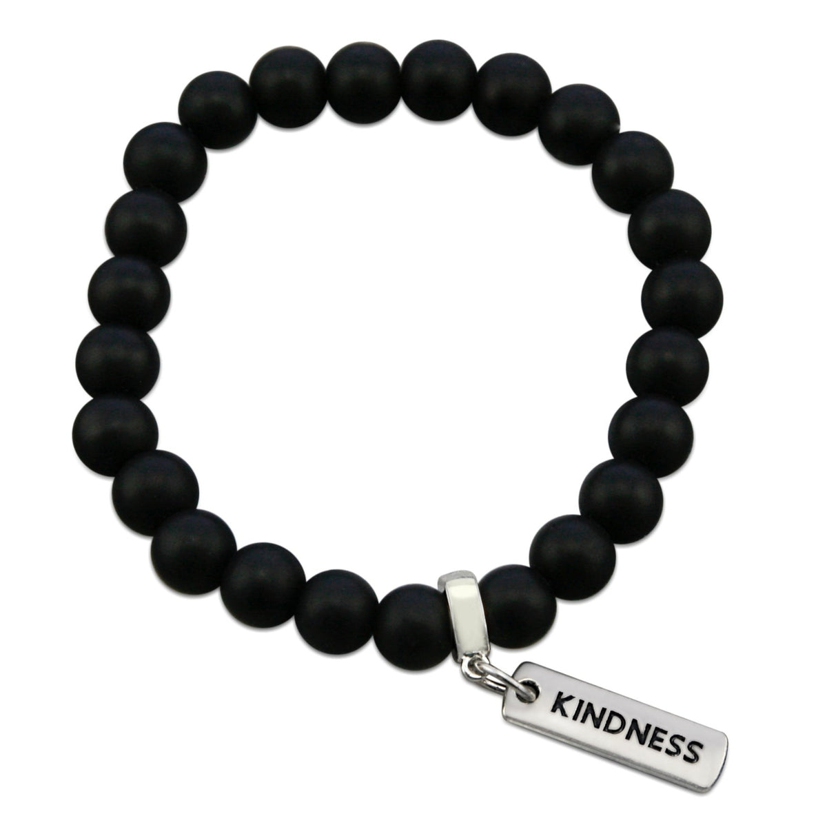 Black onyx stone bead bracelet with silver meaningful charm. 