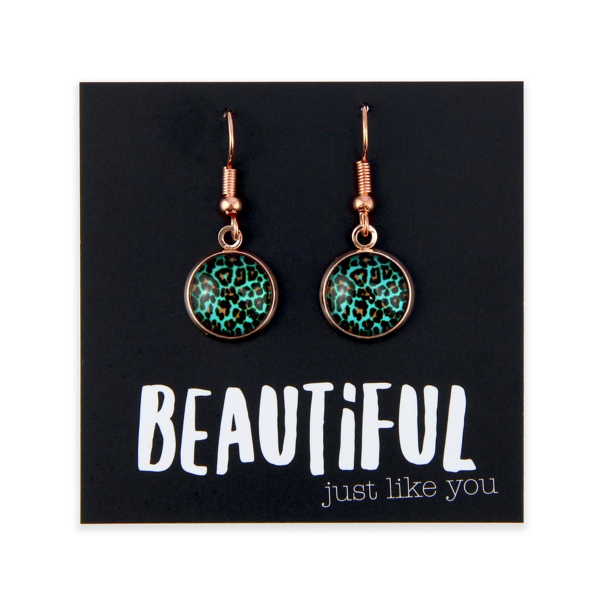 TEAL COLLECTION - Beautiful Just Like You - Rose Gold Dangle Earrings - Lagoon Leopard (12465)
