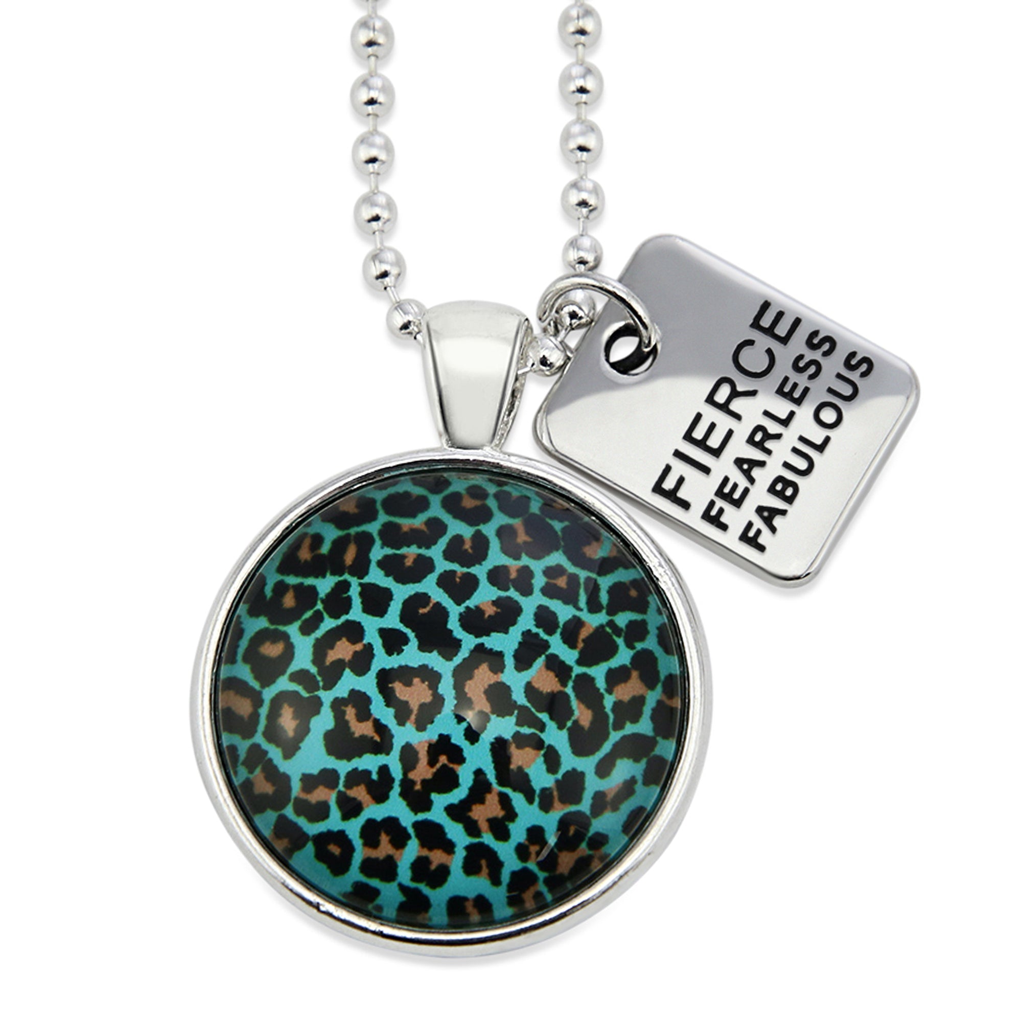 Teal leopard print pendant necklace in bright silver with fierce fearless fabulous charm. 