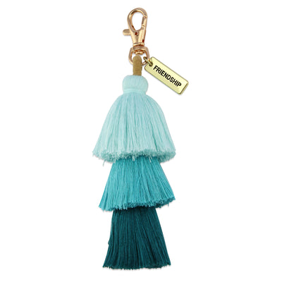 Tassel Keyring / Bag Accessory in shades of teal with gold Friendship word charm