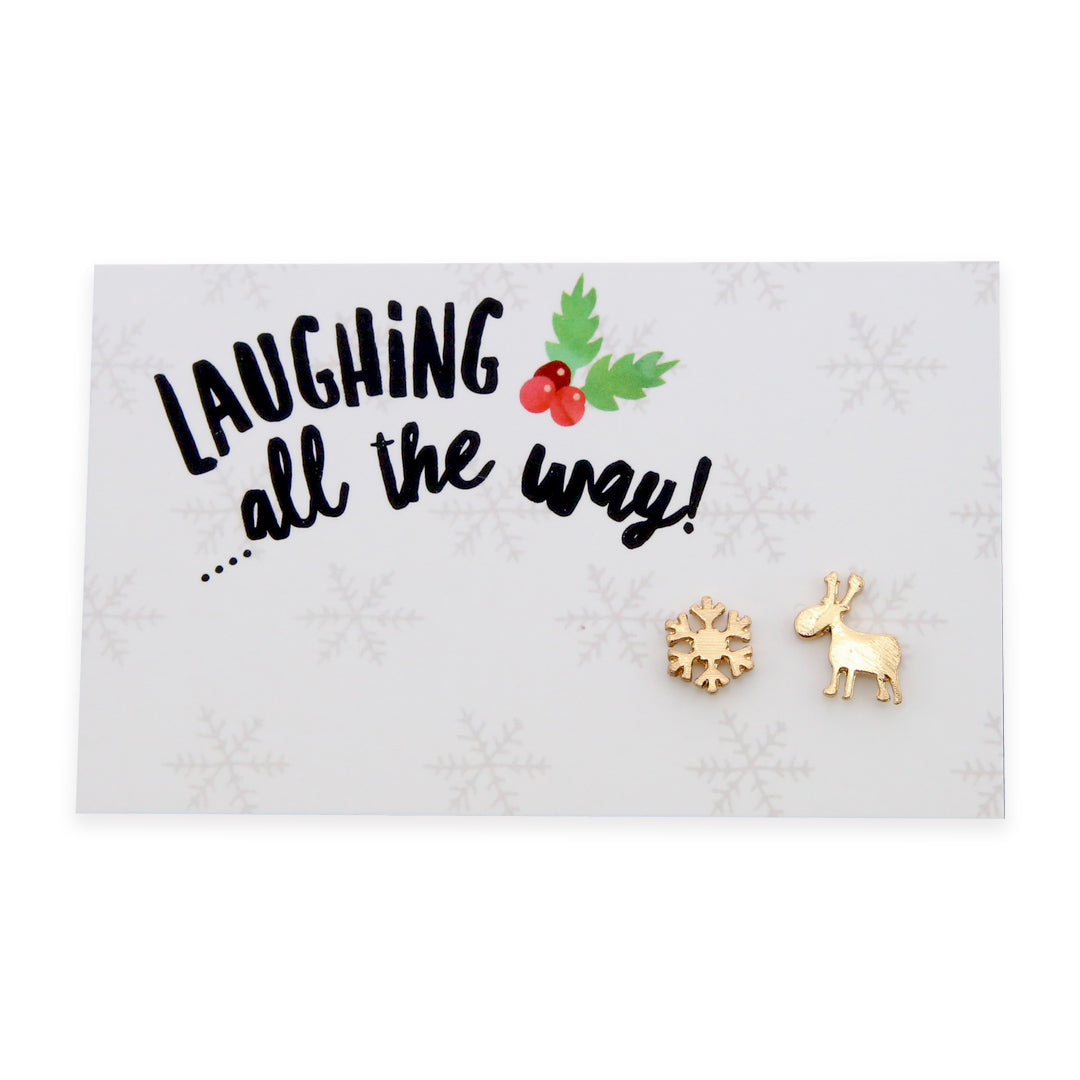 Laughing All The Way - Reindeer & Snowflake Earring Studs - Gold (9816)