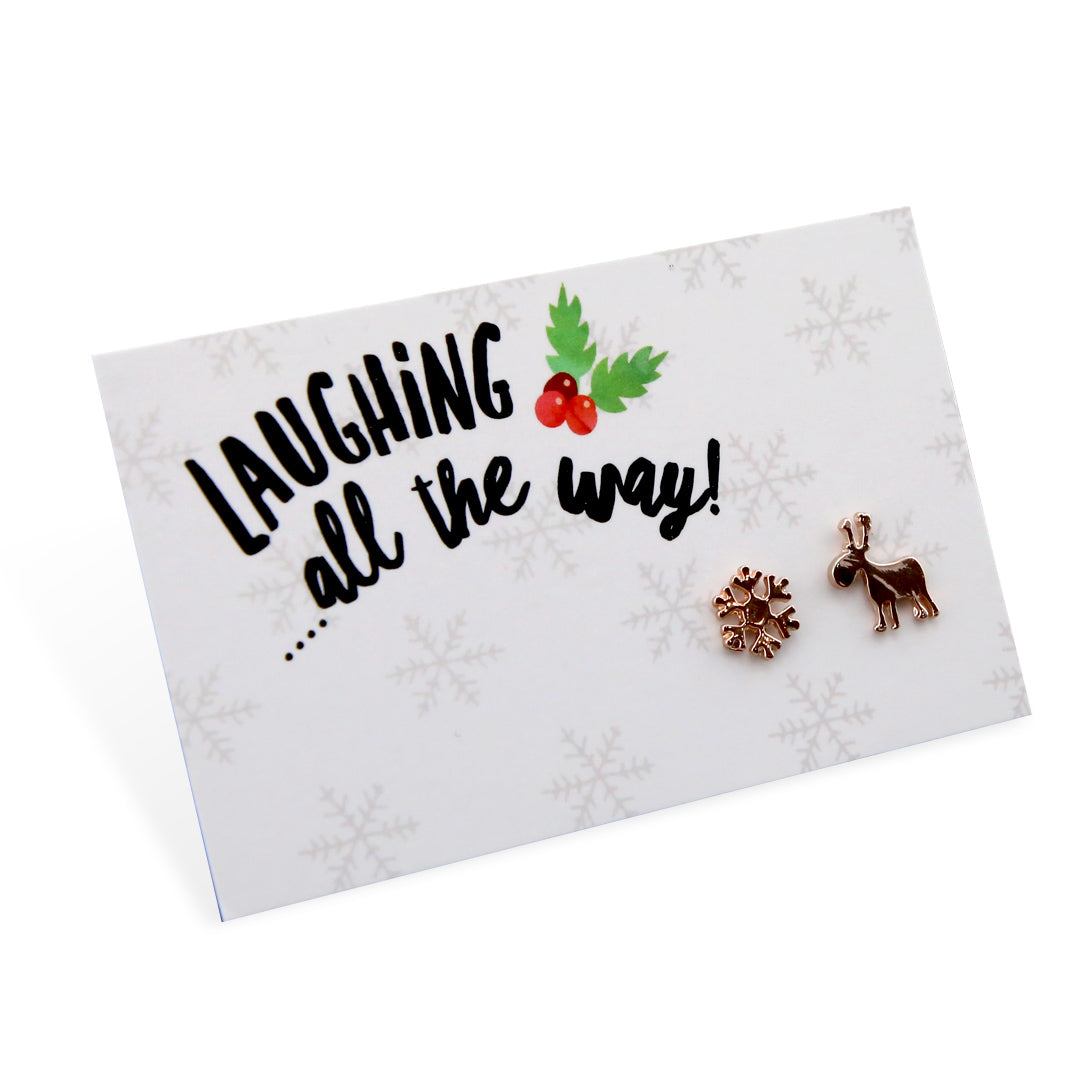 Laughing All The Way - Reindeer & Snowflake Earring Studs - Rose Gold (8516)