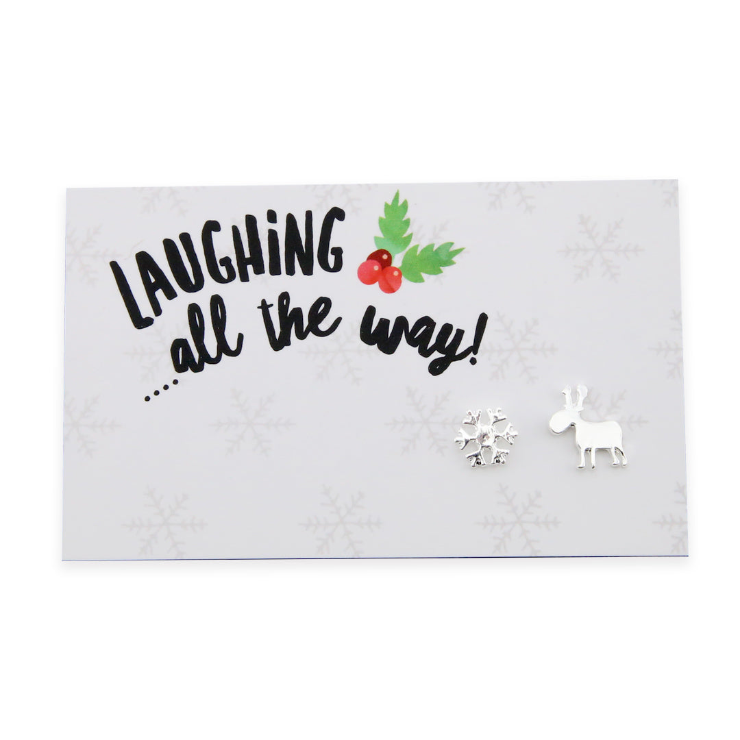 Laughing All The Way - Reindeer & Snowflake Earring Studs - Silver (8208)
