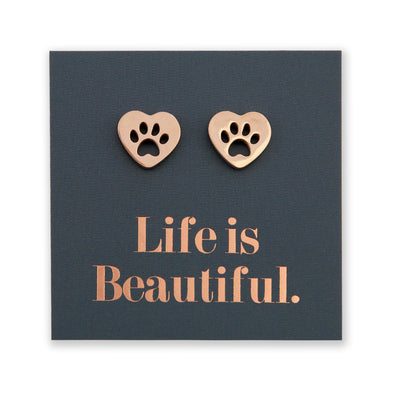 Stainless Steel Earring Studs - Life Is Beautiful - HEART PAW PRINTS