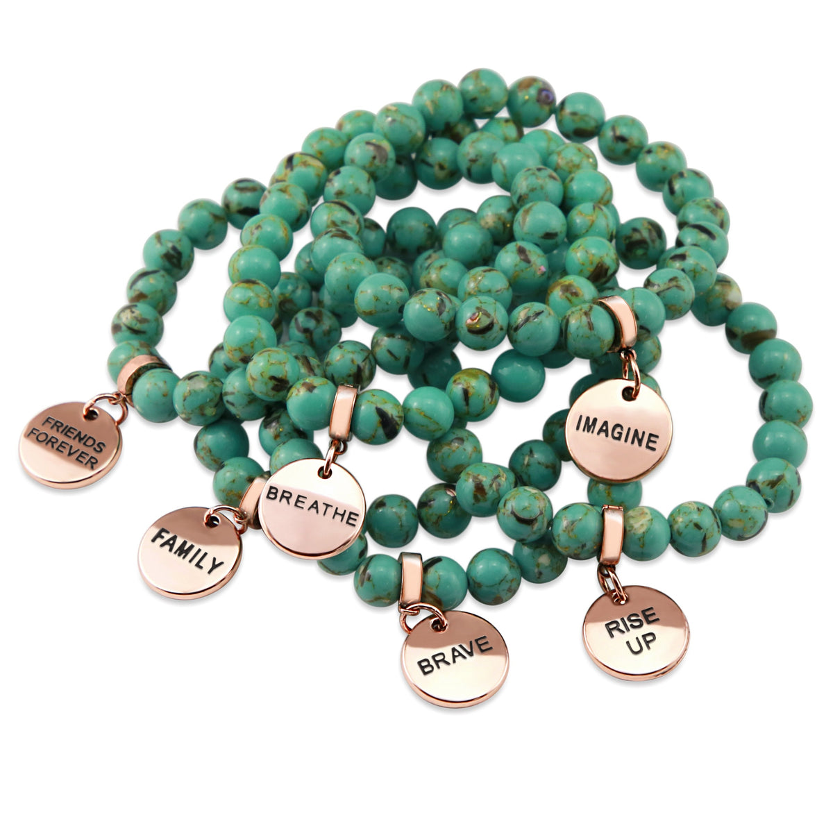 Light teal stone bead bracelet with rose gold meaningful word charm. 