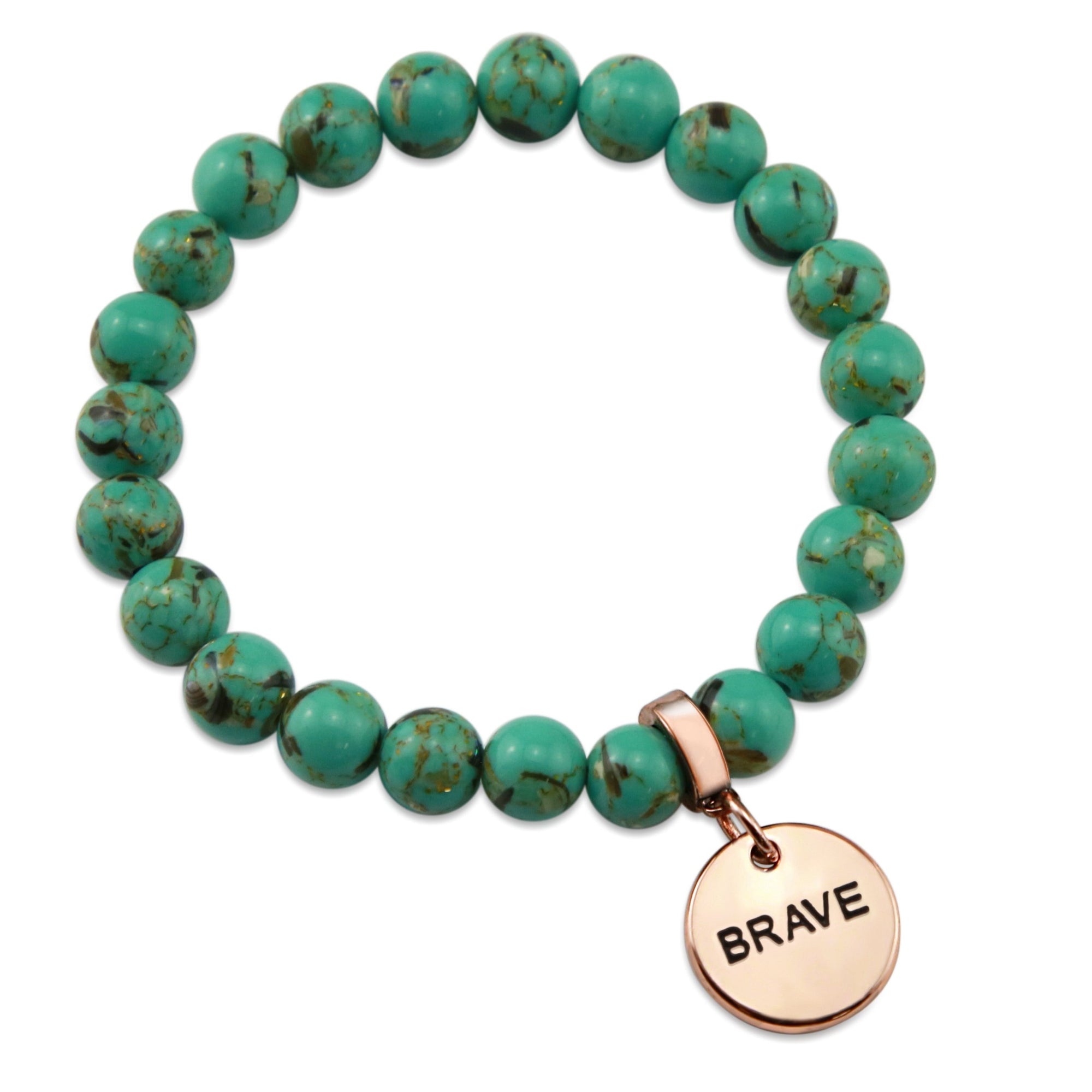 Light teal stone bead bracelet with rose gold meaningful word charm. 
