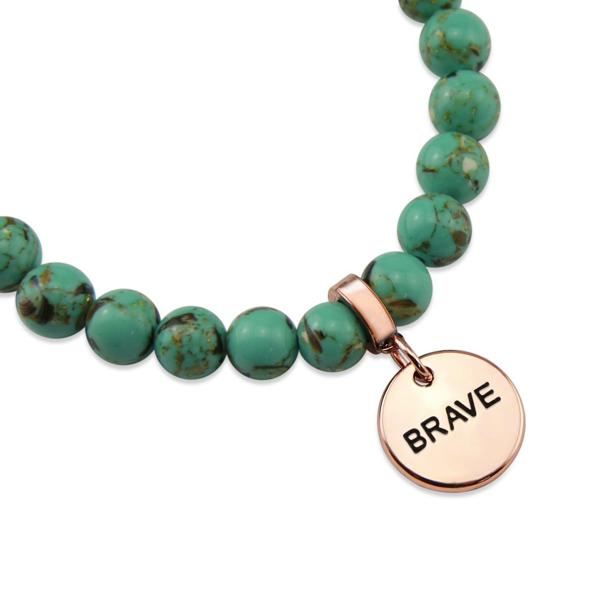 Light teal stone bead bracelet with rose gold meaningful word charm. 