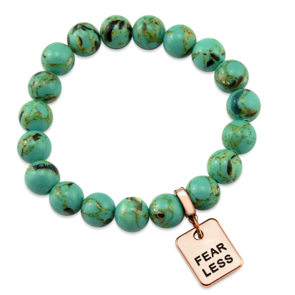 Teal coloured stone bead bracelet with rose gold word charm. 