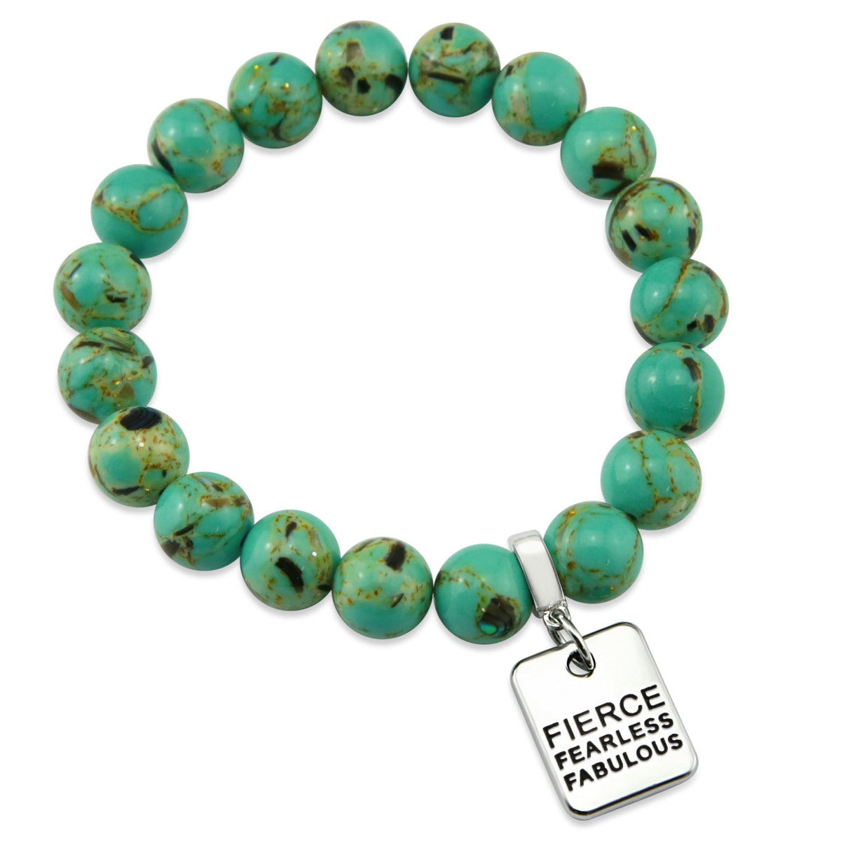 Teal coloured stone bead bracelet with meaningful word charm. 