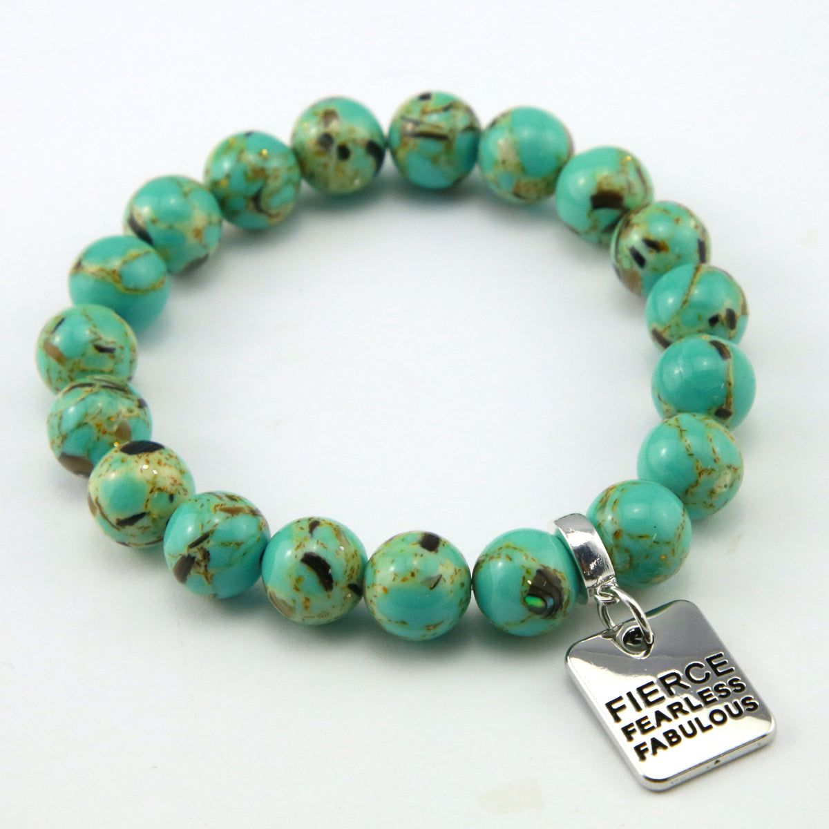 Teal coloured stone bead bracelet with meaningful word charm. 