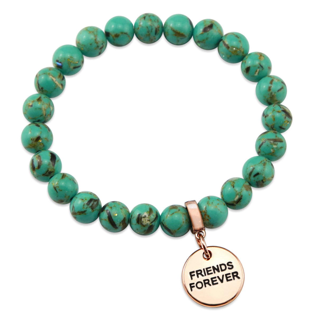 Light teal stone bead bracelet with rose gold meaningful word charm. 