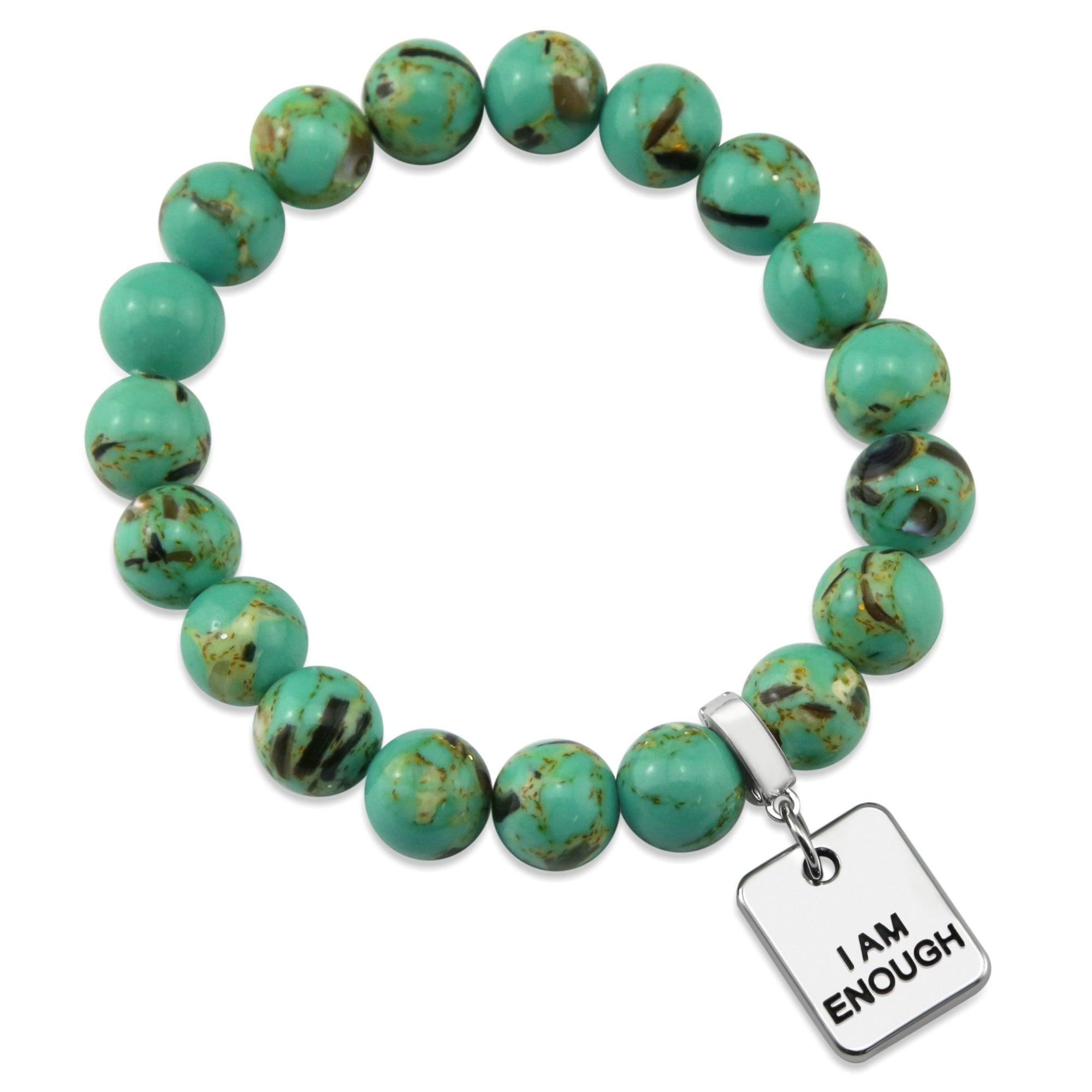 Teal coloured stone bead bracelet with meaningful word charm. 