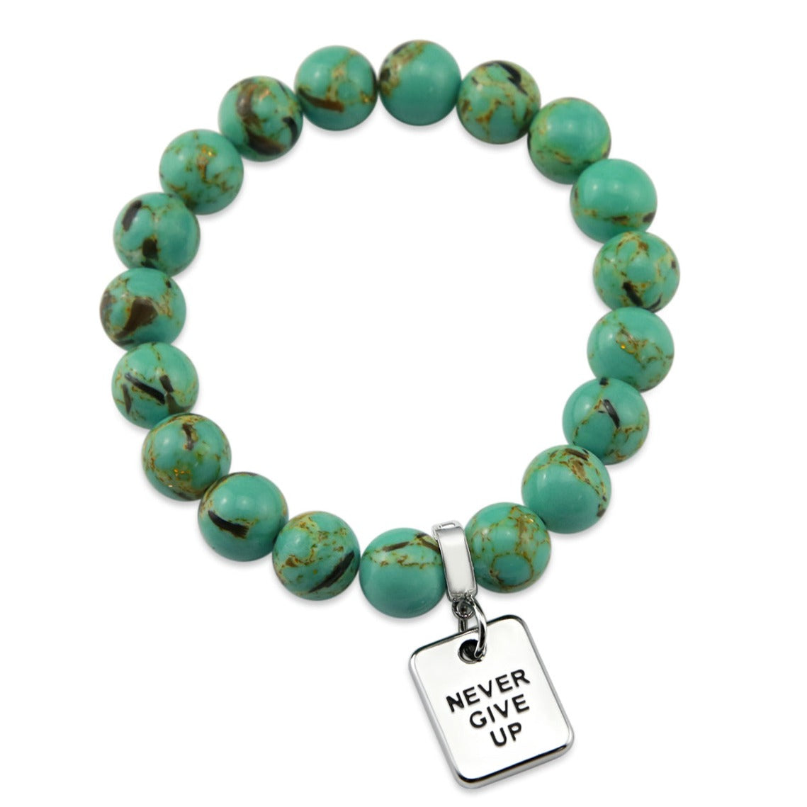Teal coloured stone bead bracelet with meaningful word charm. 