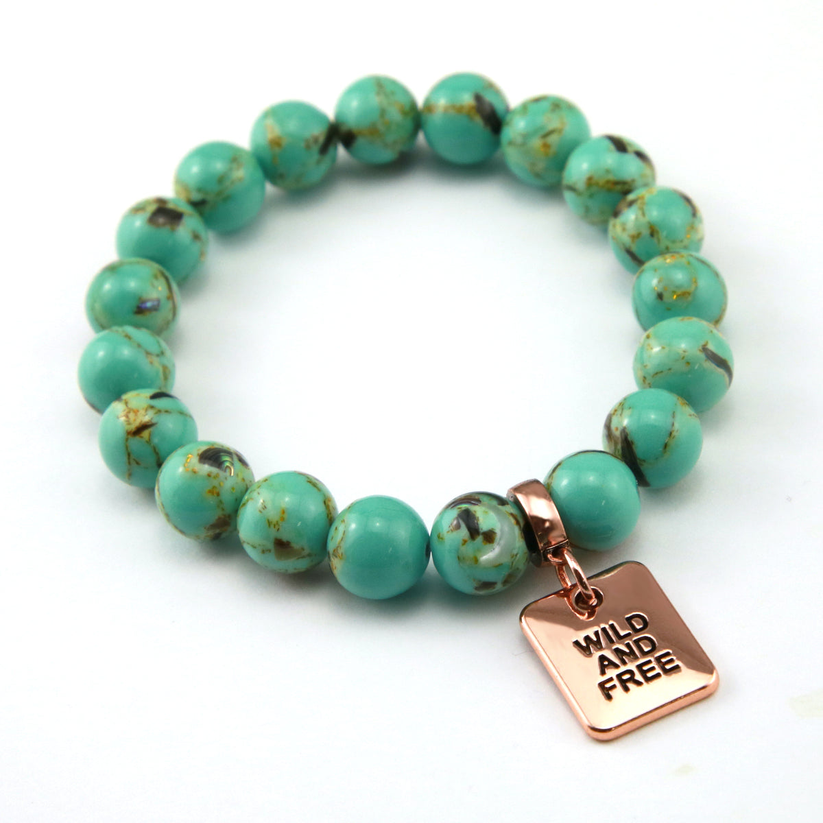 Teal coloured stone bead bracelet with rose gold word charm. 