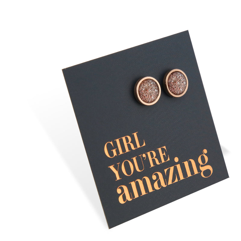 Beautiful rose gold printed stainless steel circle stud hypoallergenic earrings on girl you are amazing gift cards. 