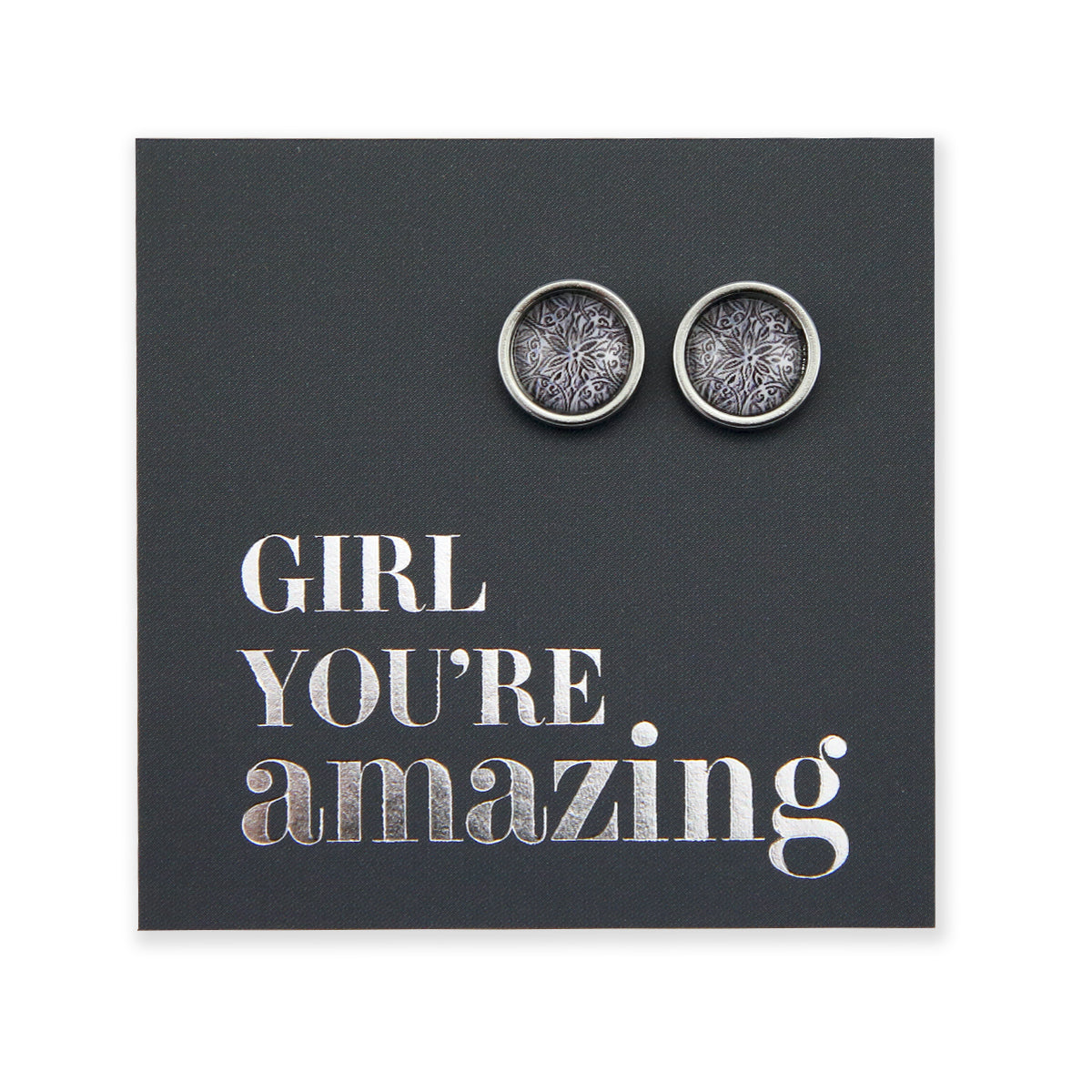 Beautiful silver printed stainless steel circle stud hypoallergenic earrings on girl you are amazing gift cards. 